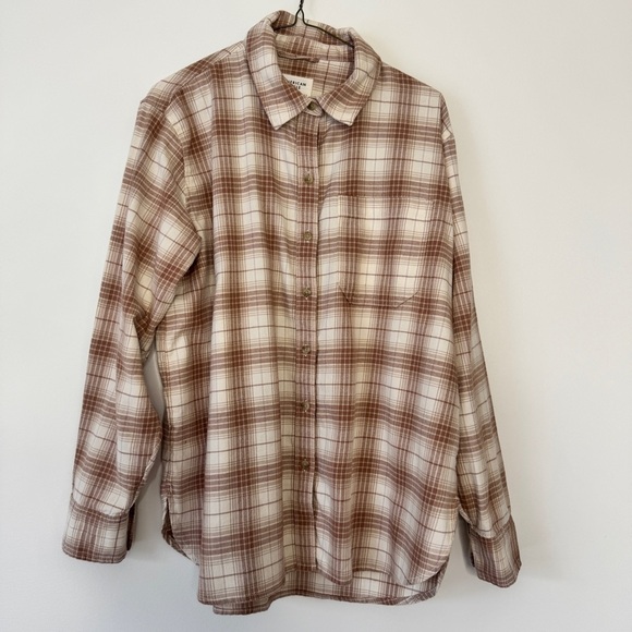 American Eagle Flannel Shirt Soft Tan White Plaid Button Down Collar Sz S - Picture 1 of 13